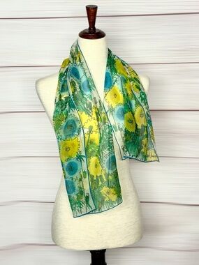 Vera Neumann Silk Blend Scarf Floral Yellow Blue Green Lightweight Sheer Japan